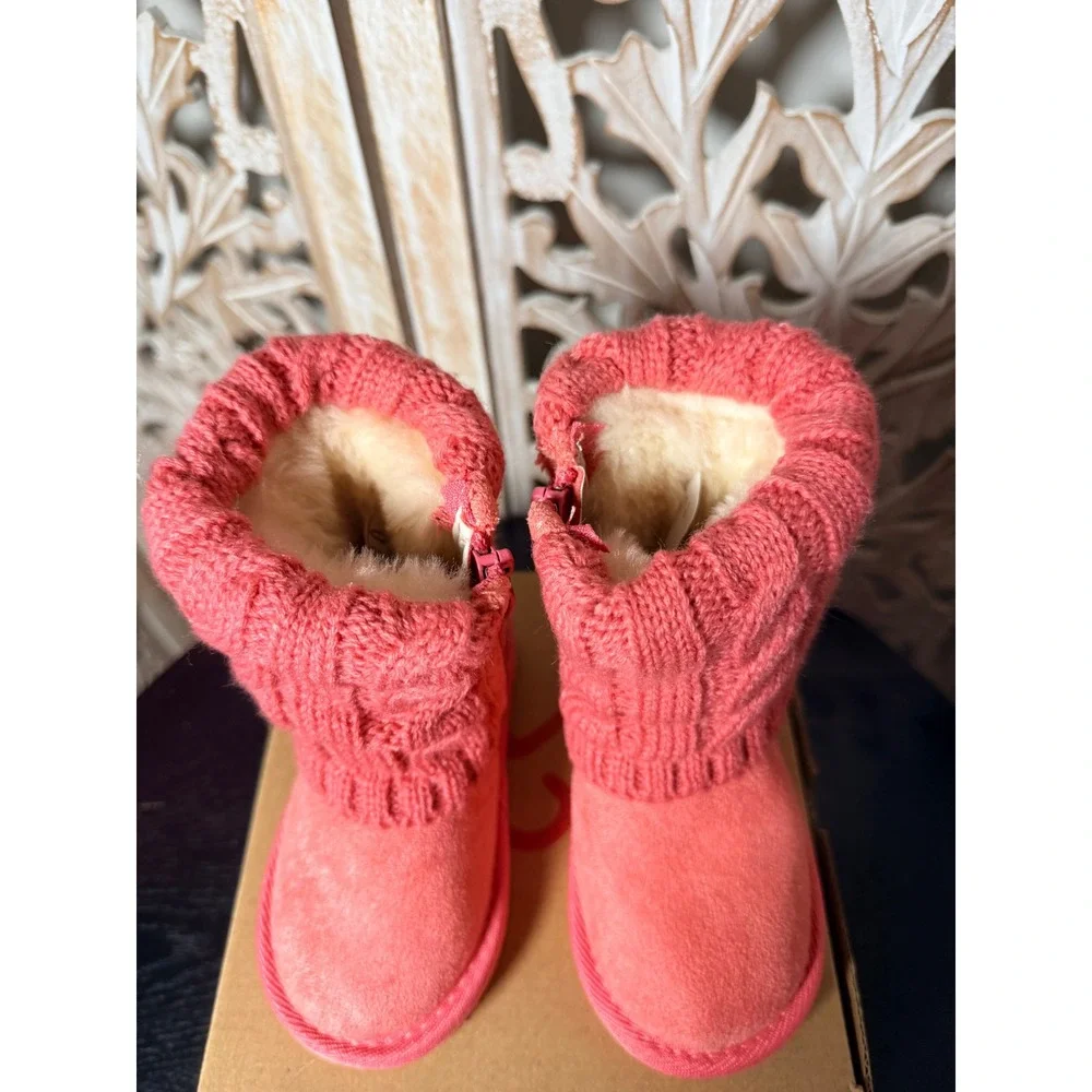 Livboots LV889 Salmon Pink Cable Knit Faux Fur Lined Winter Boots Kids Size S